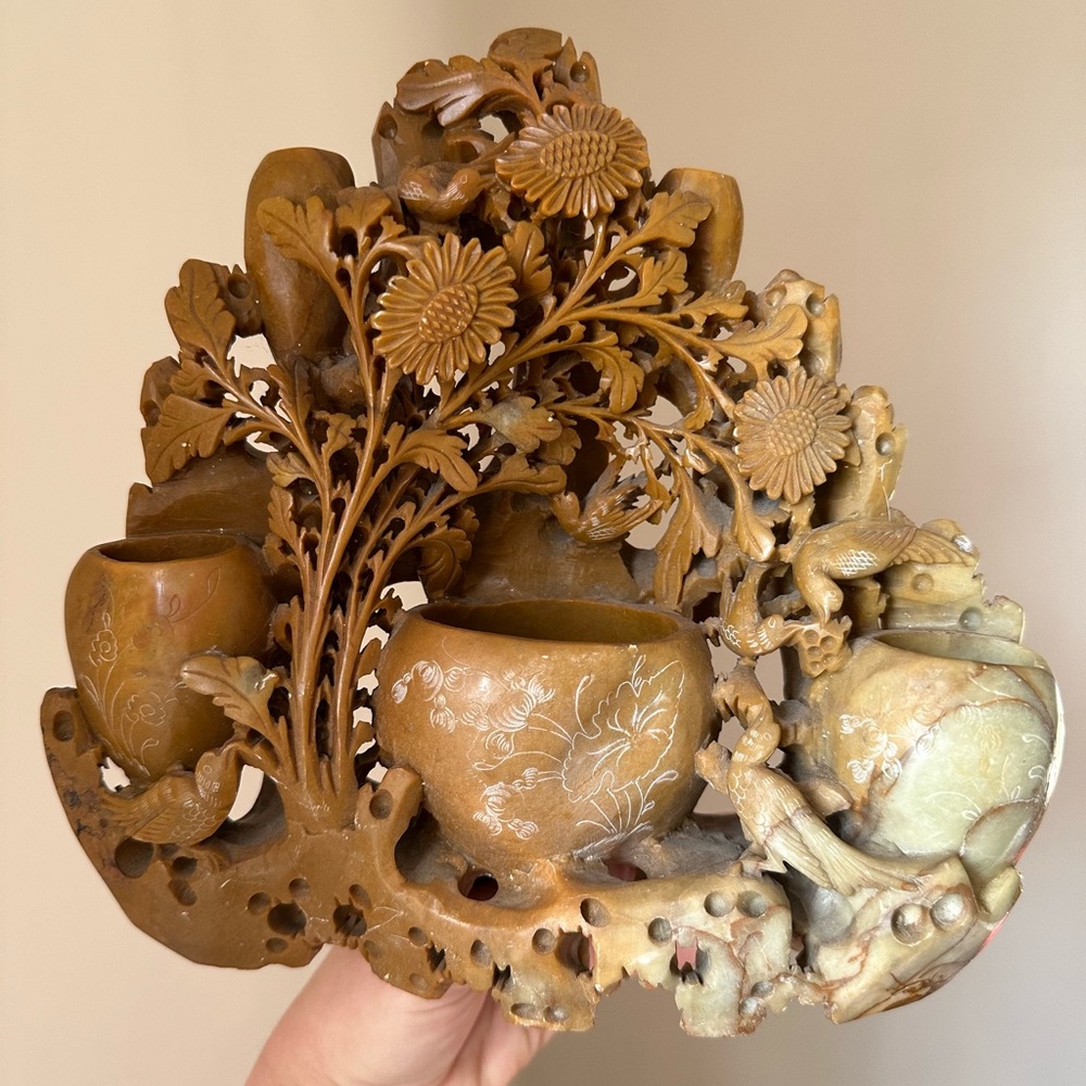Carved Chinese Soapstone Sculpture with Floral Etching